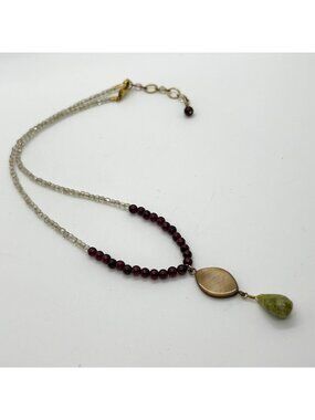 Vintage Garnet Quartz Beaded Necklace Mother of Pearl & Green Stone Pendant